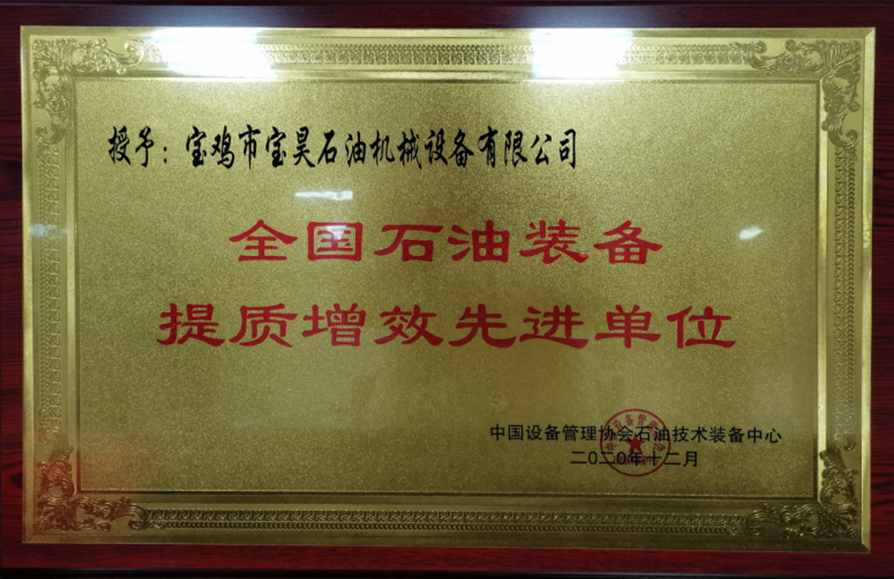 寶昊石油榮獲&mdash;&mdash;全國石油裝備提質(zhì)增效先進單位